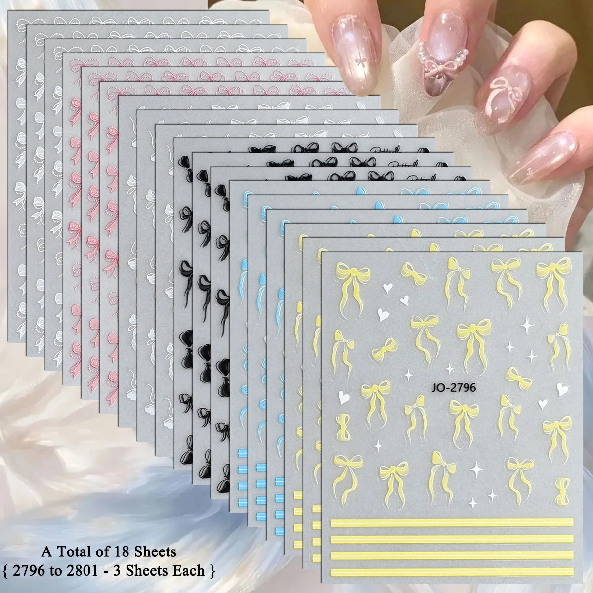 3D Bow Nail Stickers with Ribbon, Heart & Stripe Designs
