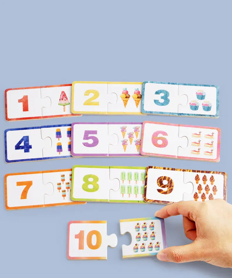 A set of wooden number matching puzzles numbered 1 through 10 are displayed on a light blue background.