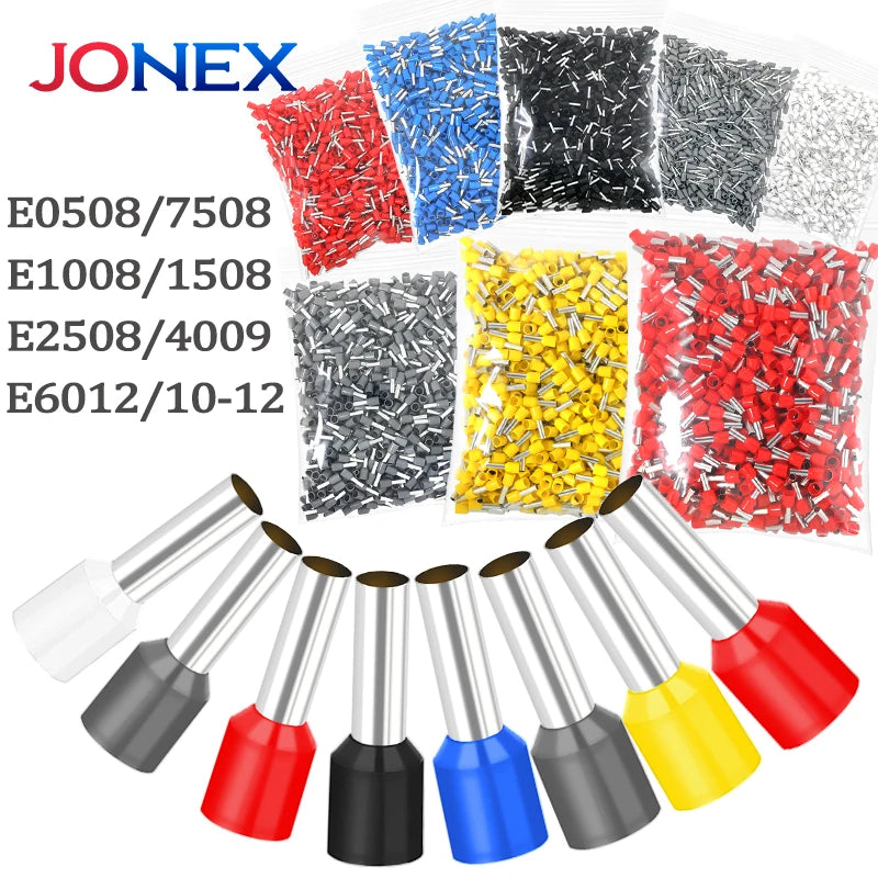 A collection of various colored insulated tubular crimp terminals for electrical wiring, including red, blue, yellow, and bla