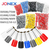 A collection of various colored insulated tubular crimp terminals for electrical wiring, including red, blue, yellow, and bla