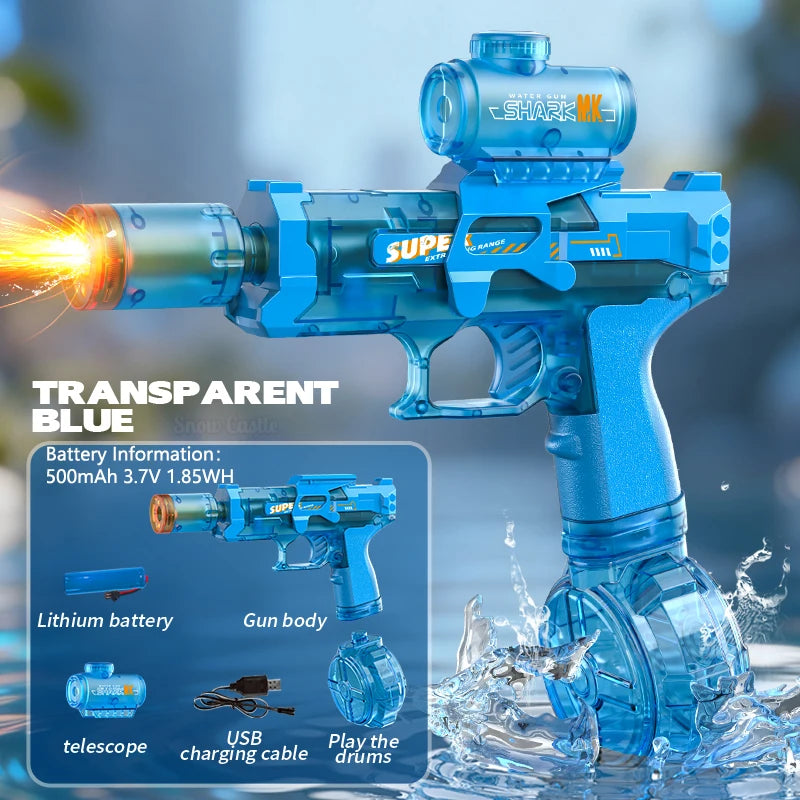 A transparent blue electric water blaster toy gun being fired, with battery and accessory details shown below.