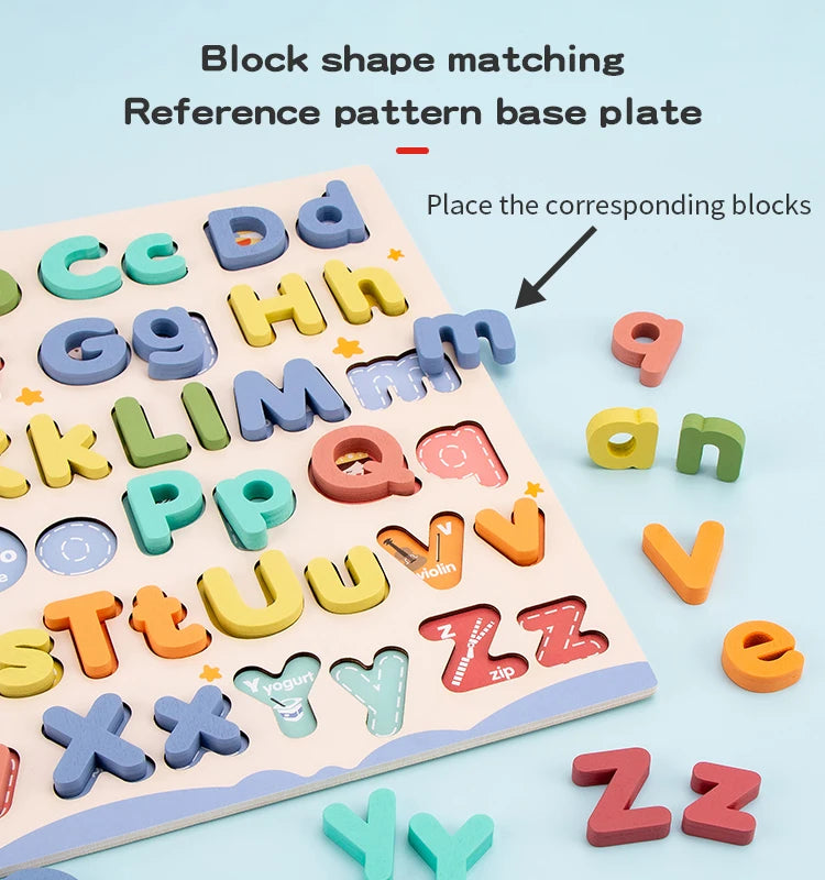 A wooden block matching reference pattern base plate with colorful alphabet blocks for learning