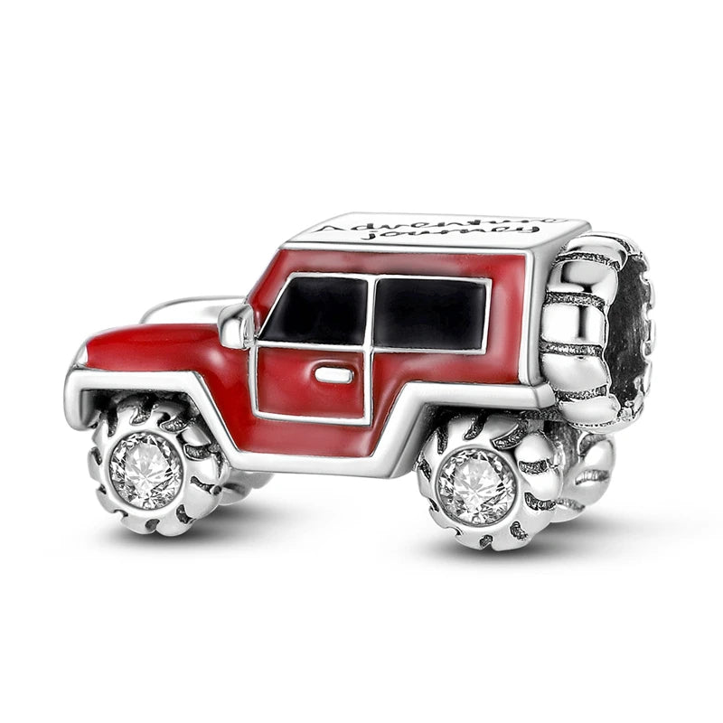 Sterling silver charm bead pendant depicting a red pickup truck with chrome details.