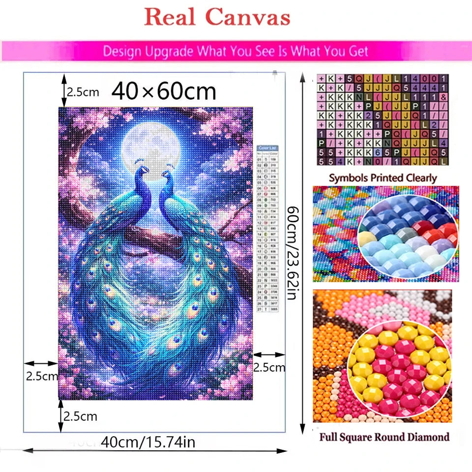 A square canvas featuring a vibrant pink peacock fantasy art design for home décor.