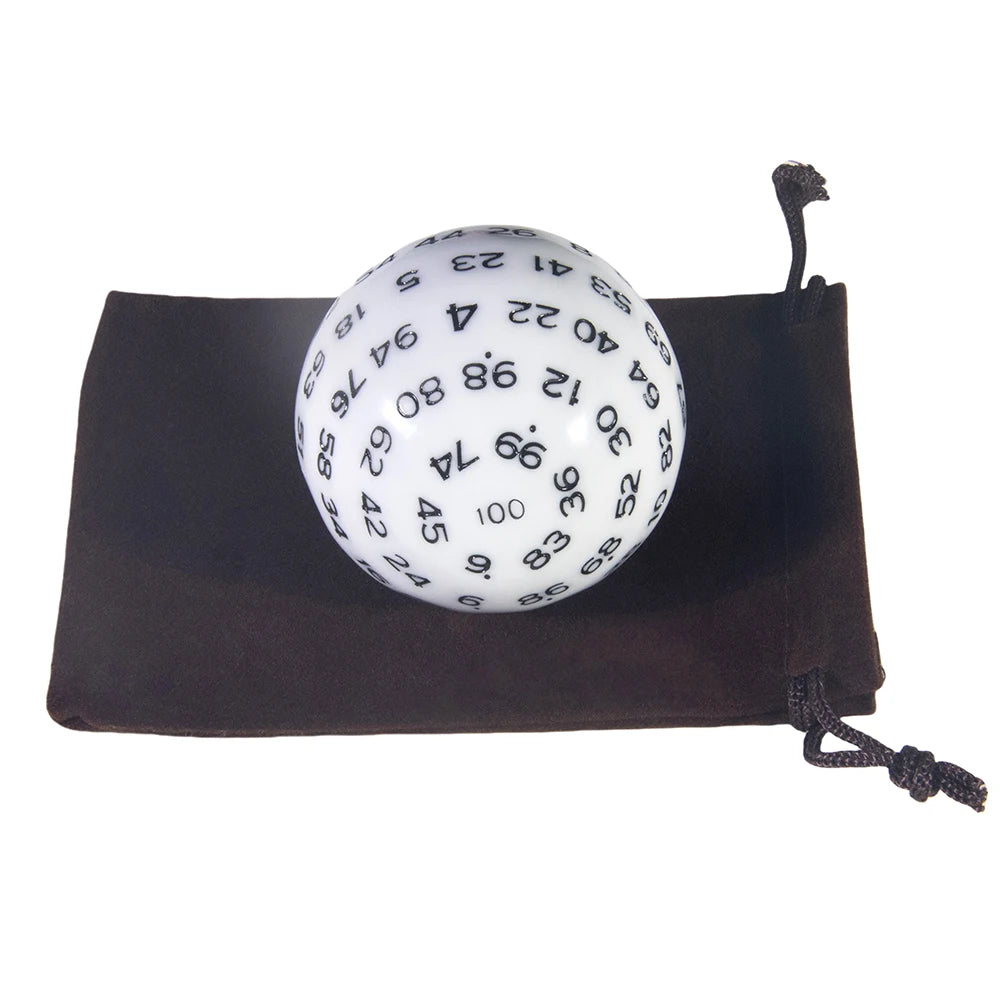 A white 100-sided polyhedral die is shown resting in a dark brown storage bag.