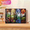 A framed 5D diamond painting kit featuring a vibrant tree landscape with colorful flowers and foliage.