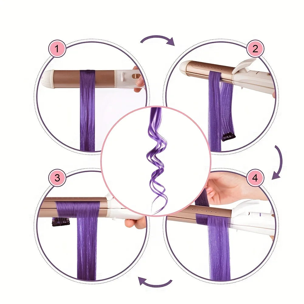 Demonstration of applying purple clip-in hair extensions using a heat tool for instant color.