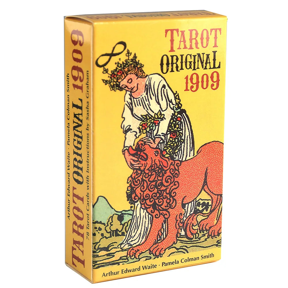 A box of the Tarot Original 1909 deck featuring an illustration of a crowned figure and a lion.