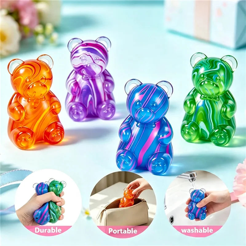 A collection of colorful gummy bear squeeze toys in various shades and colors, demonstrating durability, portability, and was