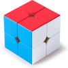 A red and blue multi-sided logic puzzle cube set viewed from above.