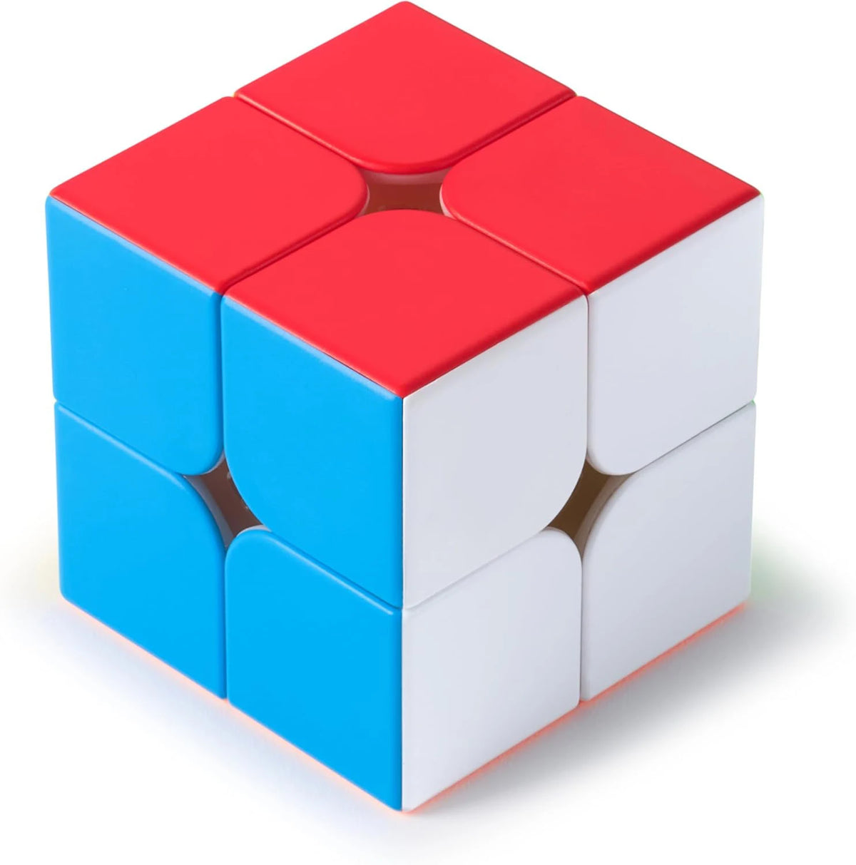 A red and blue multi-sided logic puzzle cube set viewed from above.