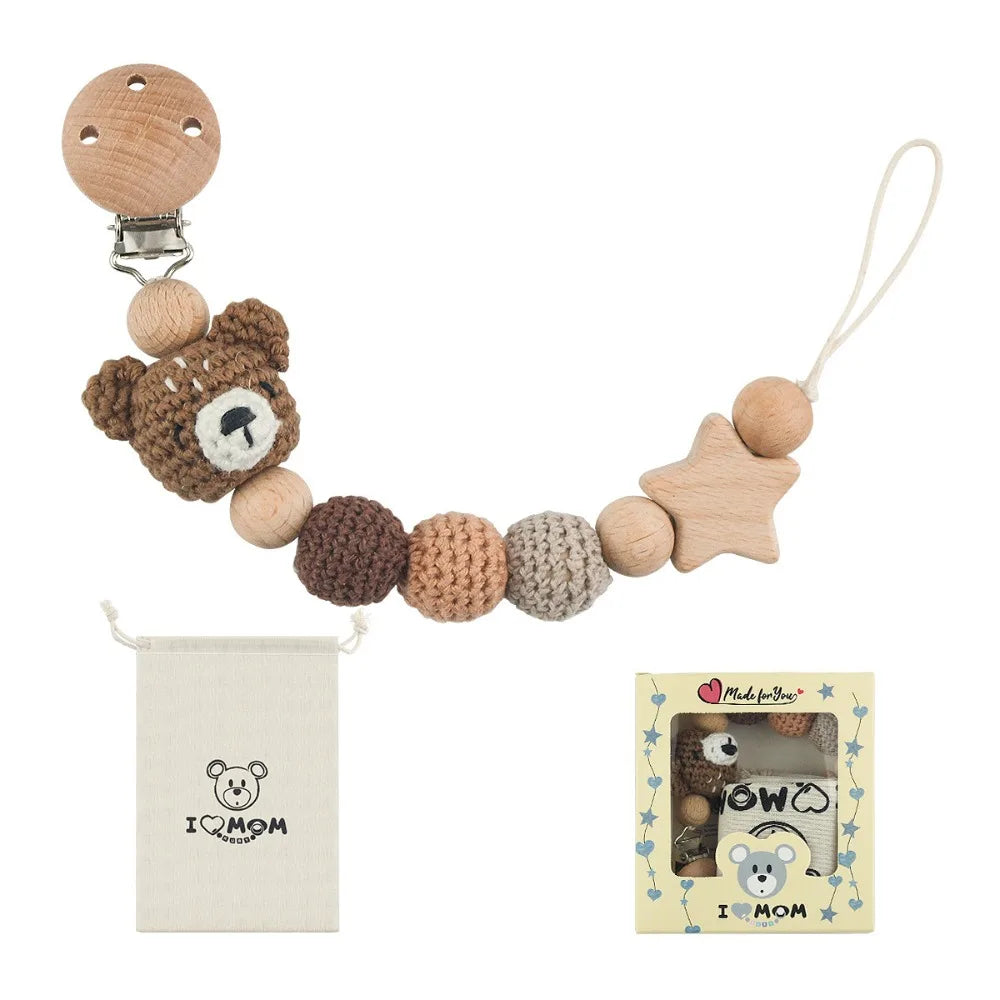 Wooden Baby Pacifier Clip with Crochet Charms