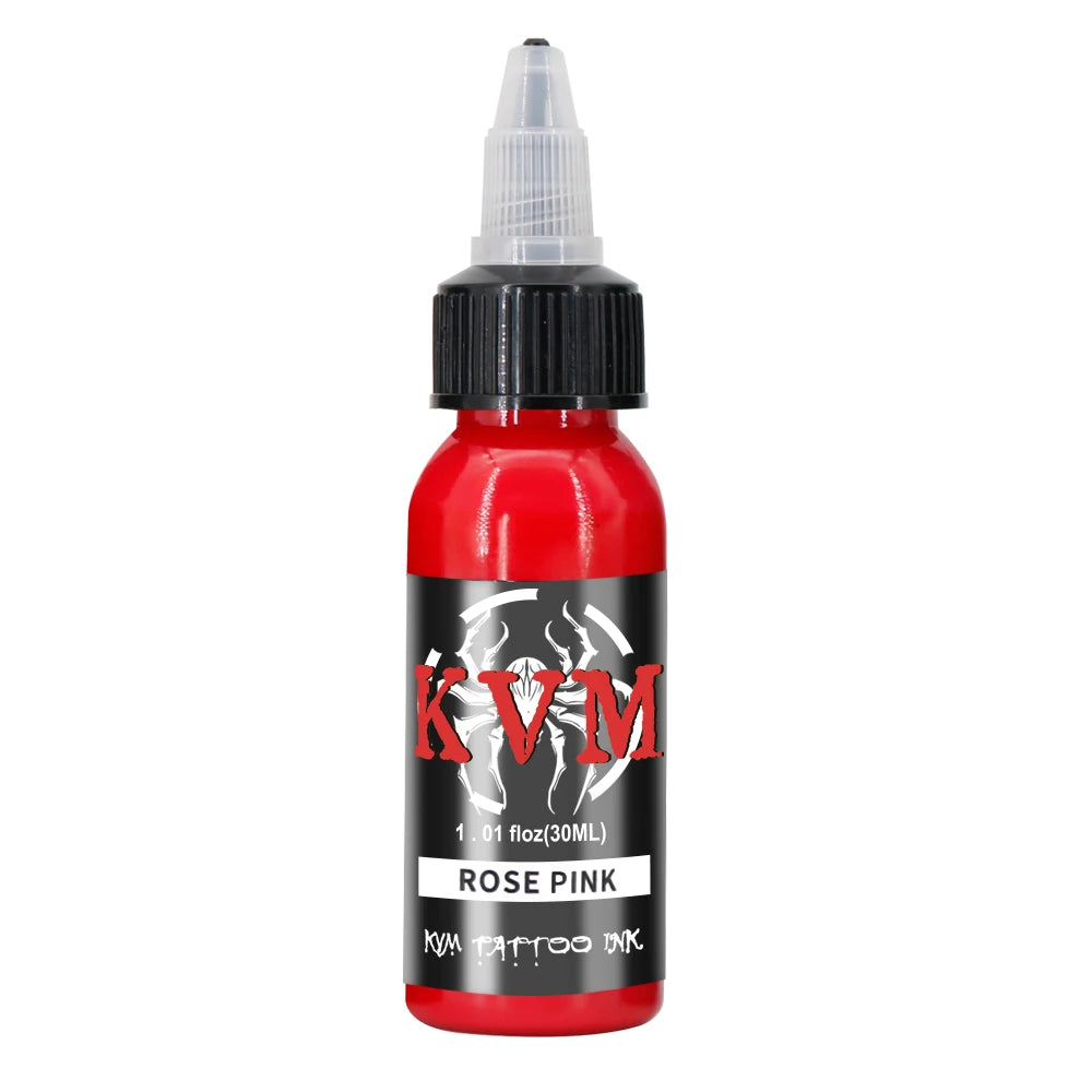 A bottle of KVM Rose Pink tattoo ink for permanent makeup and body art.