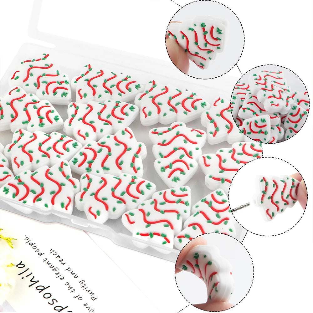 White silicone beads shaped like Christmas trees with red accents for jewelry making and DIY crafts