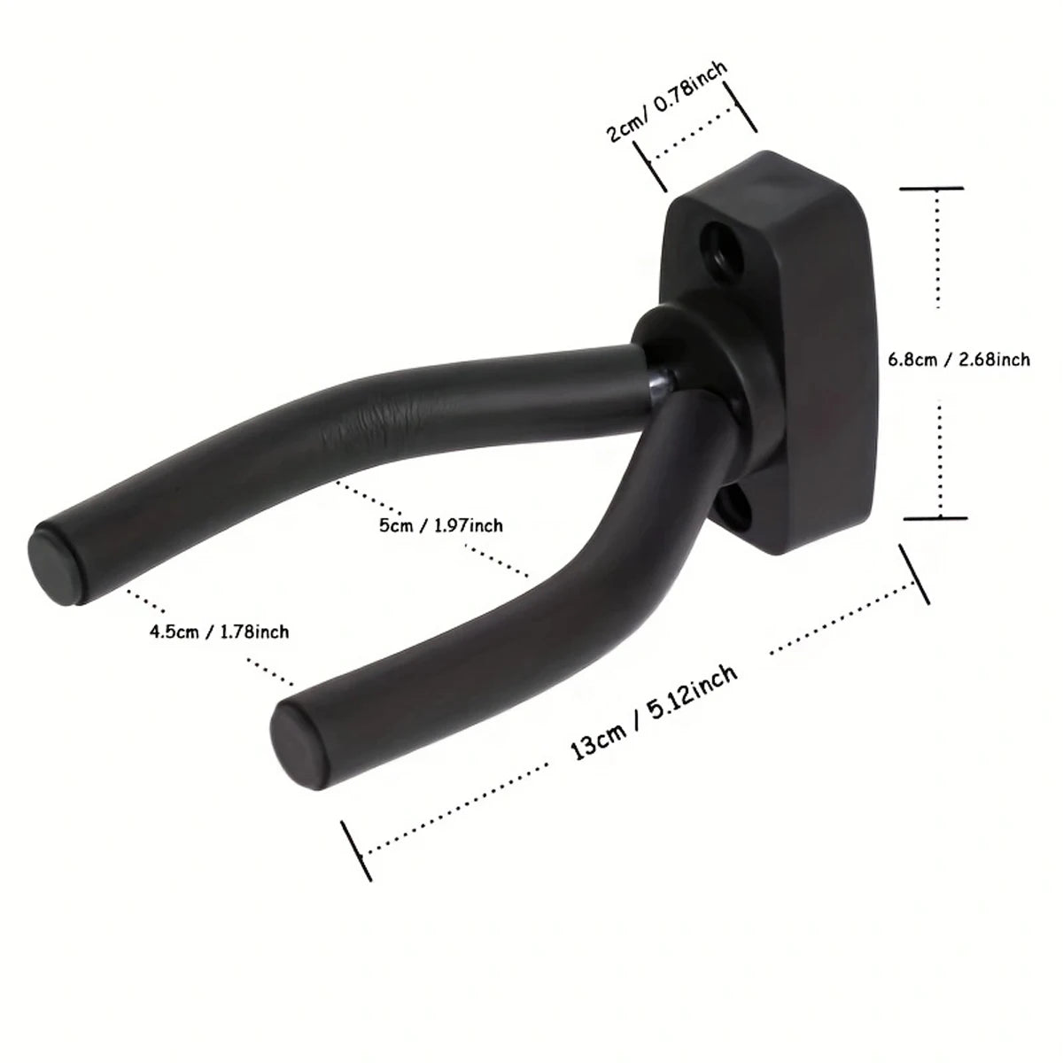 A black universal guitar wall mount hanger with a curved bar and mounting plate.