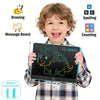 A smiling child holds a black drawing tablet with a dinosaur design and a blue pen, demonstrating various learning activities