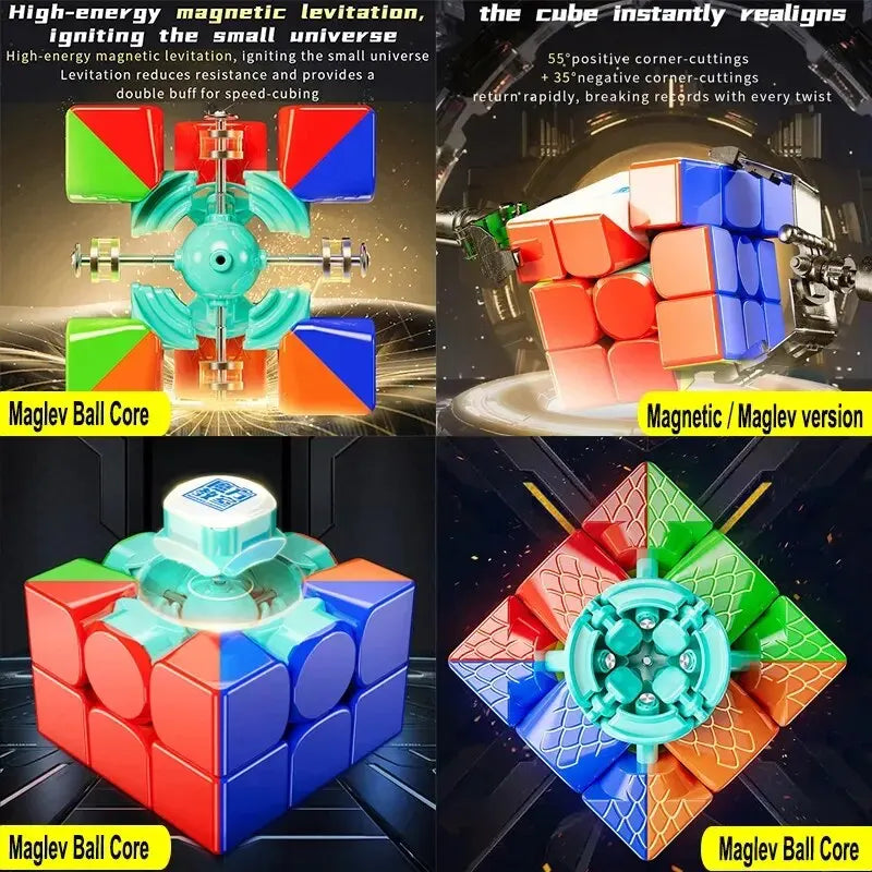 Puzzle magnétique coloré avec des blocs de différentes couleurs et un noyau central.