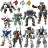 A collection of various combat robot exoskeletons and mechanical figures built from building blocks.