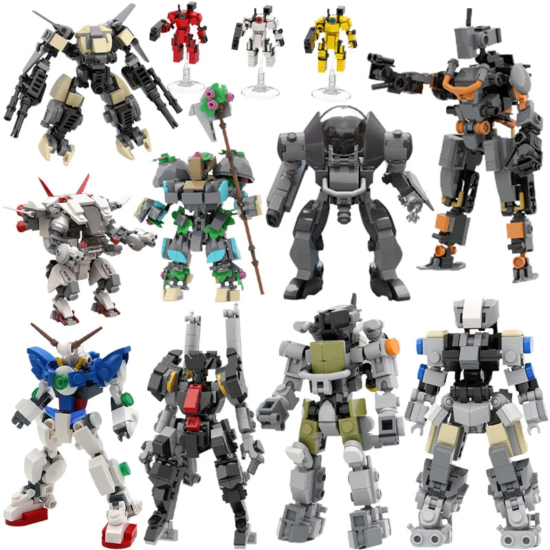 A collection of various combat robot exoskeletons and mechanical figures built from building blocks.