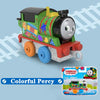 A colorful Percy diecast train toy with wheels and details, packaged for children.