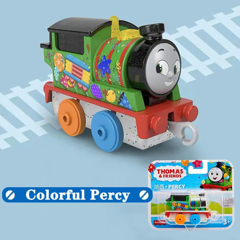 A colorful Percy diecast train toy with wheels and details, packaged for children.