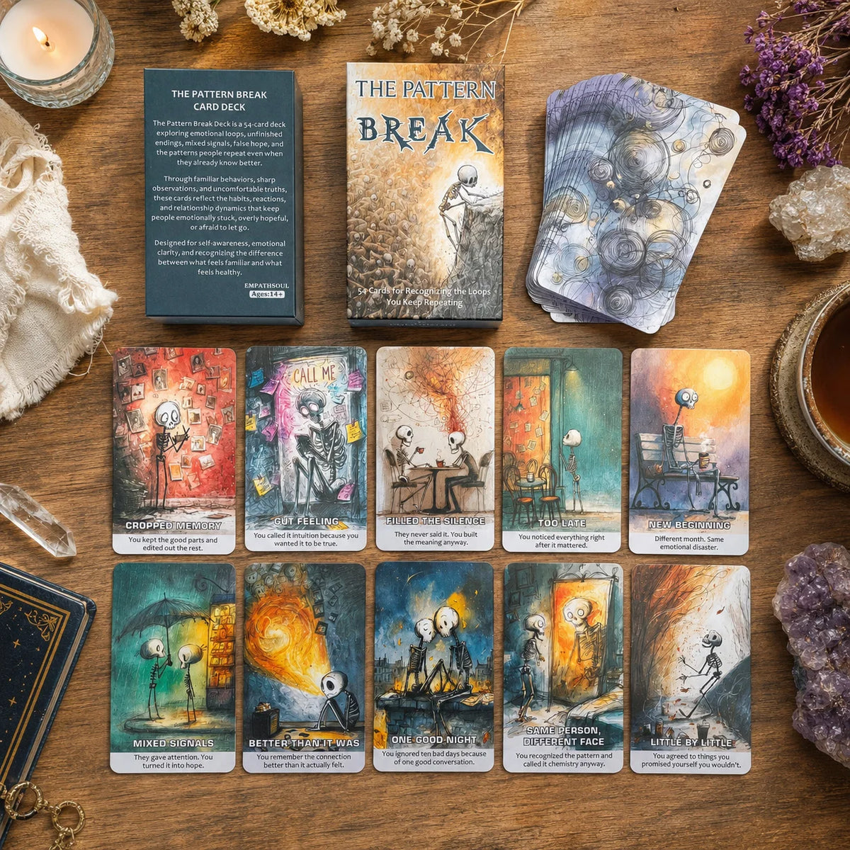A collection of Pattern Break oracle cards featuring mystical illustrations and text for self-discovery