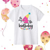 A white kids birthday number t-shirt featuring the text Its my 4th birthday with colorful confetti and balloons.