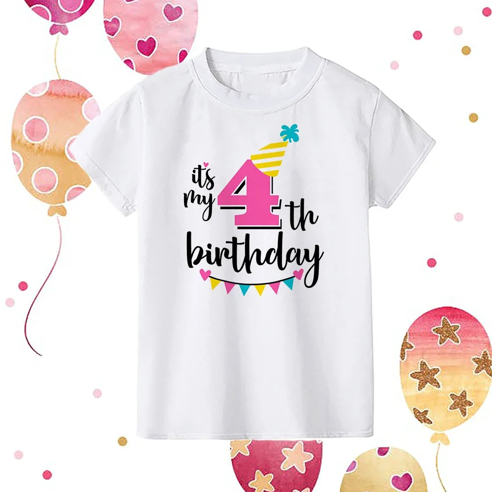 A white kids birthday number t-shirt featuring the text Its my 4th birthday with colorful confetti and balloons.