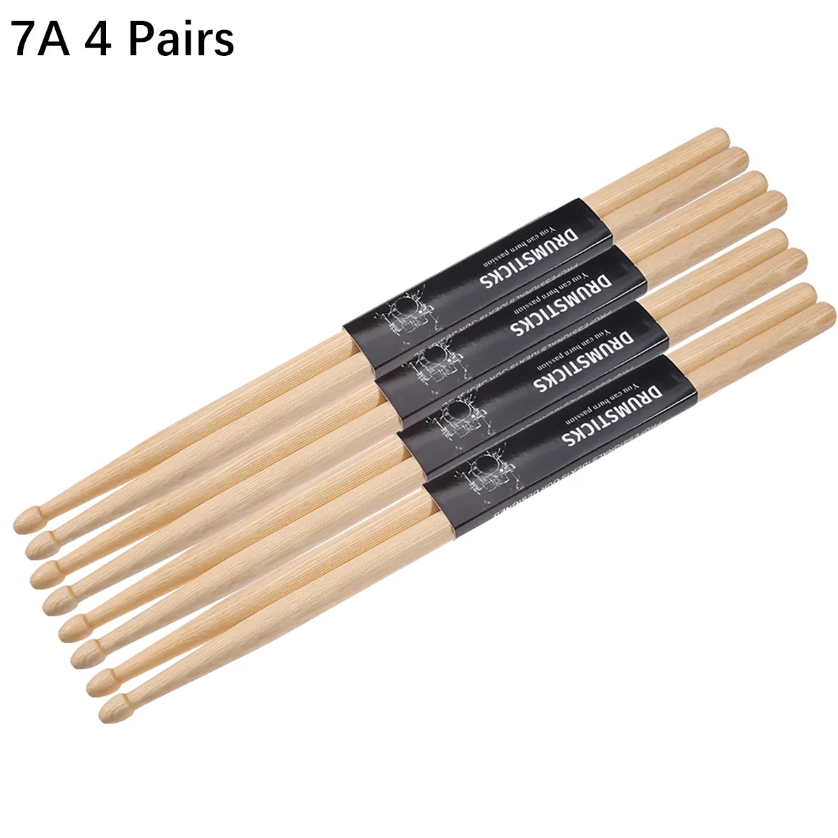 A bundle of seven 7A drumsticks made of light wood, laid out diagonally.