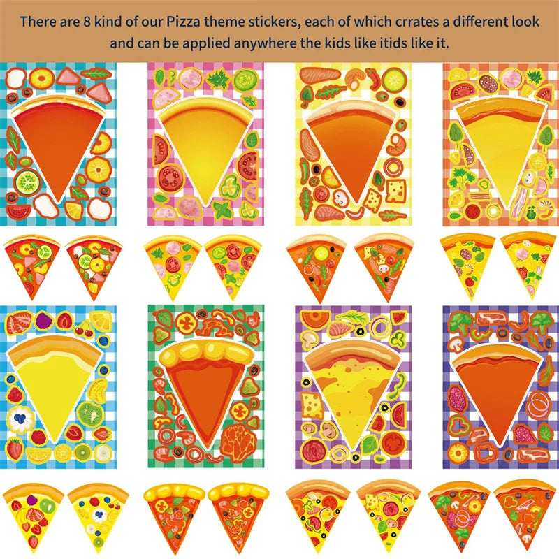 A collection of eight different looking pizza theme stickers for kids