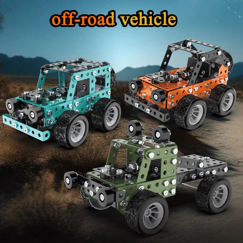 Three metal building block off-road vehicles and excavators in green, orange, and teal colors.