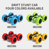 Four colors of a drift stunt car toy are displayed: blue, green, red, and yellow.