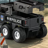 A black SWAT City Police truck diecast toy with lights and sounds parked on a dirt surface.