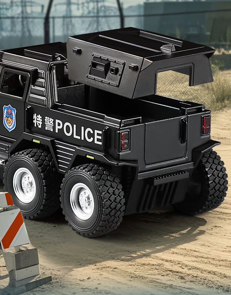 A black SWAT City Police truck diecast toy with lights and sounds parked on a dirt surface.