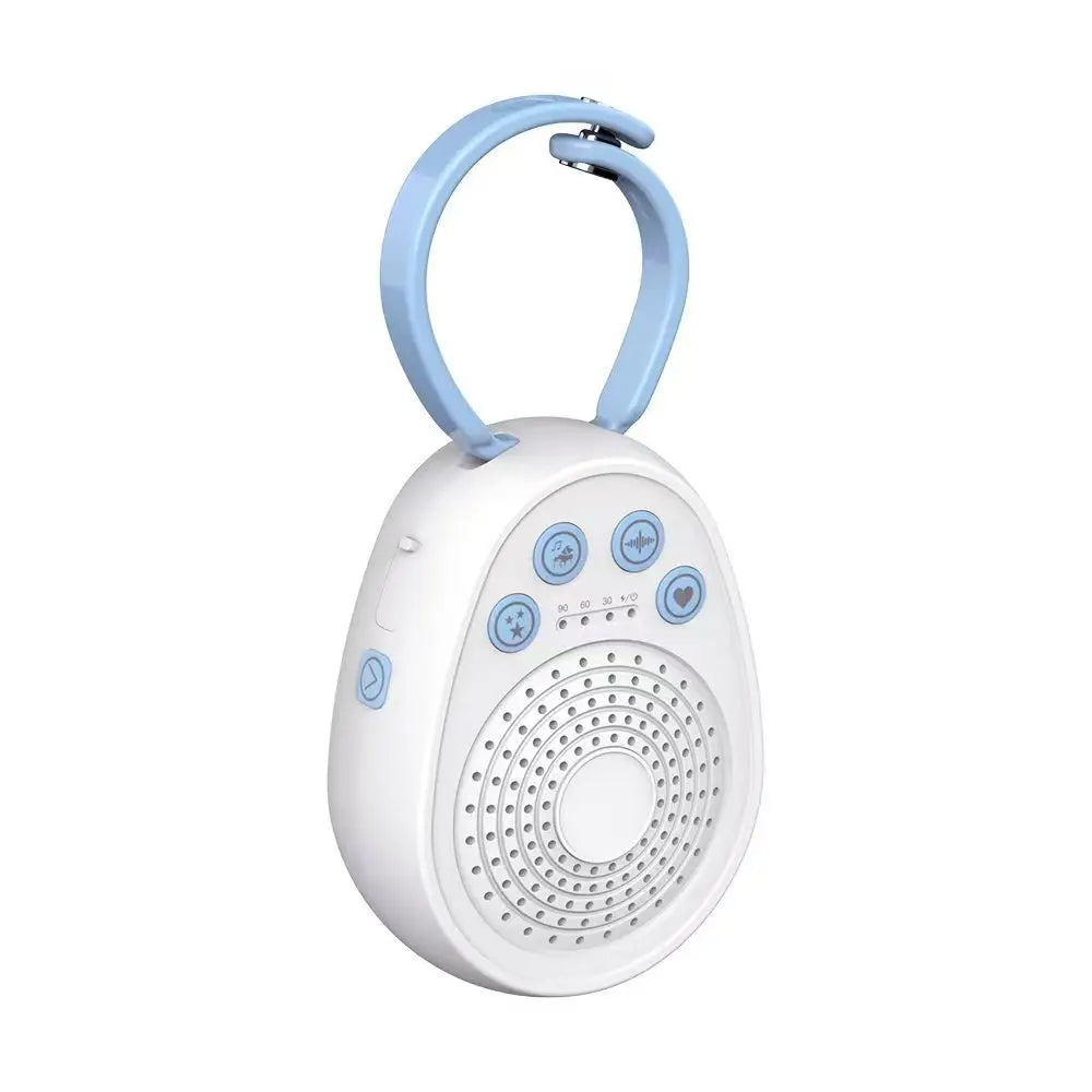 A white portable noise machine for baby with a light blue handle and circular buttons.
