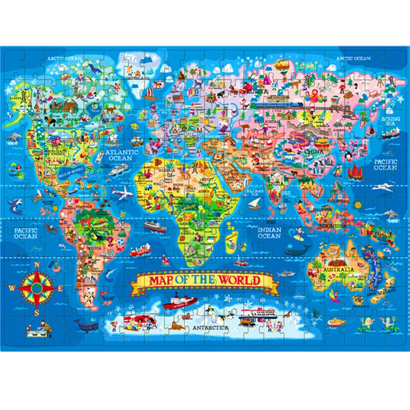 A colorful 200-piece jigsaw puzzle of a world map showing continents, oceans, and countries.
