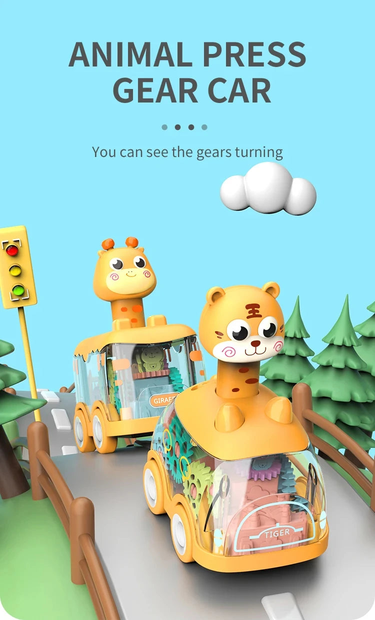 A yellow animal press gear car toy featuring a tiger character, displayed on a wooden track.