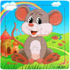 A colorful jigsaw puzzle featuring a cartoon mouse character in a grassy field with flowers and a rainbow background.