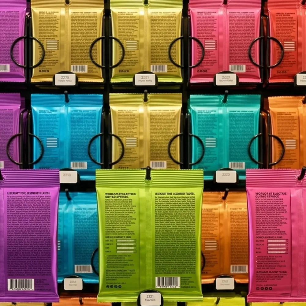 A collection of acoustic guitar strings in various colors and packaging, including pink, yellow, blue, and green.