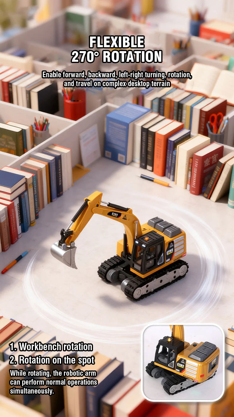 A yellow mini RC excavator is shown rotating on a white surface amidst a background of books and building blocks.
