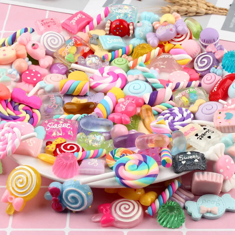 Assorted colorful candy resin flatbacks and sweets for DIY crafts and jewelry making