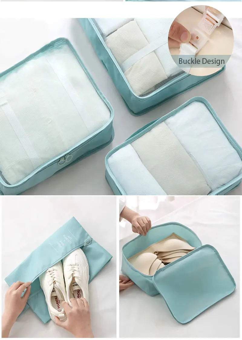 Light blue travel packing cubes and storage bags with white accents shown in various angles