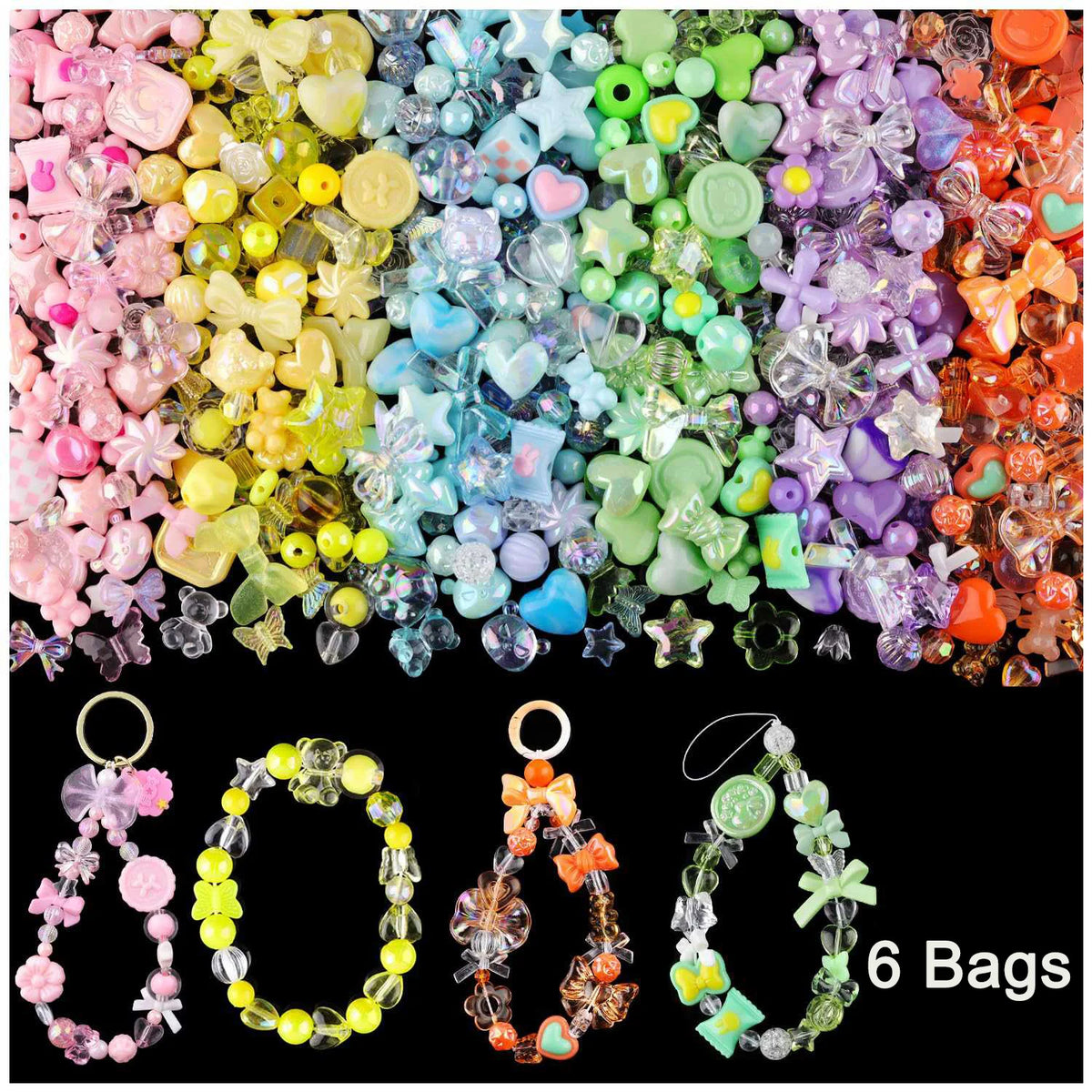 A collection of colorful acrylic beads and stringing material for DIY jewelry making, including several finished bags.