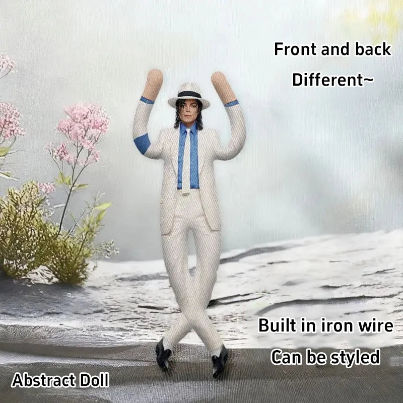 A light beige plush doll standing on a snowy surface, showing the front and back views.