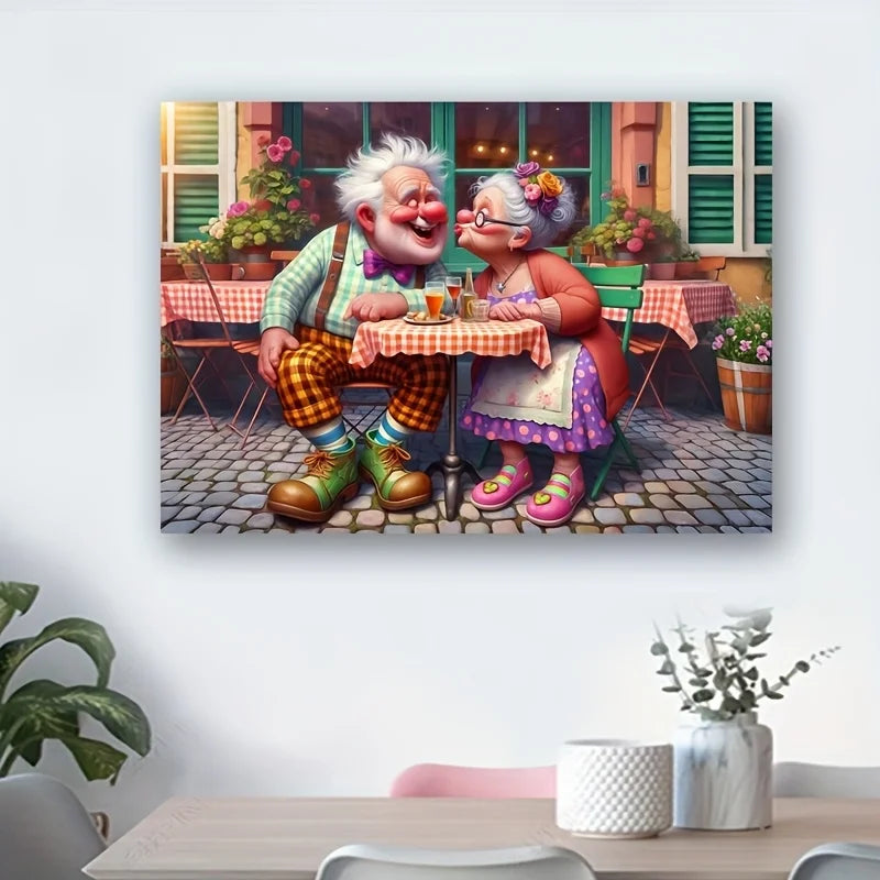 A jigsaw puzzle depicting a romantic café scene with two elderly people sharing tea.