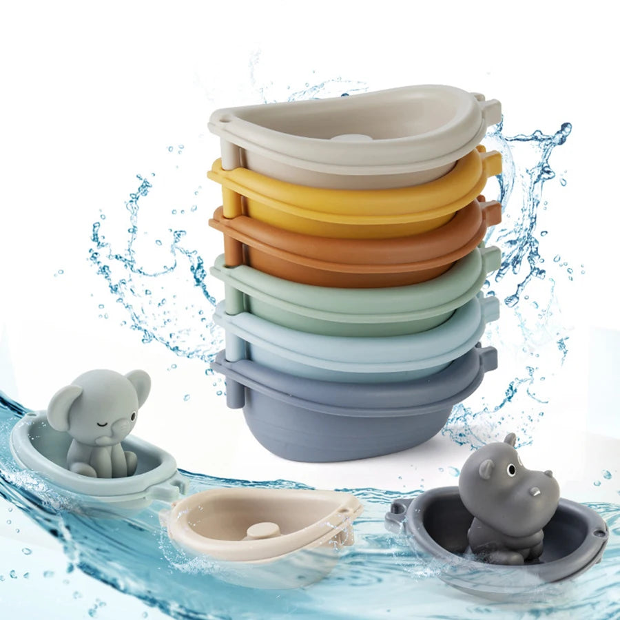 Silicone Animal Bath Toy Set with Floating Boats