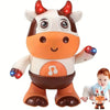 An interactive musical dancing cow plush toy with lights, featuring a white and brown body and horns.