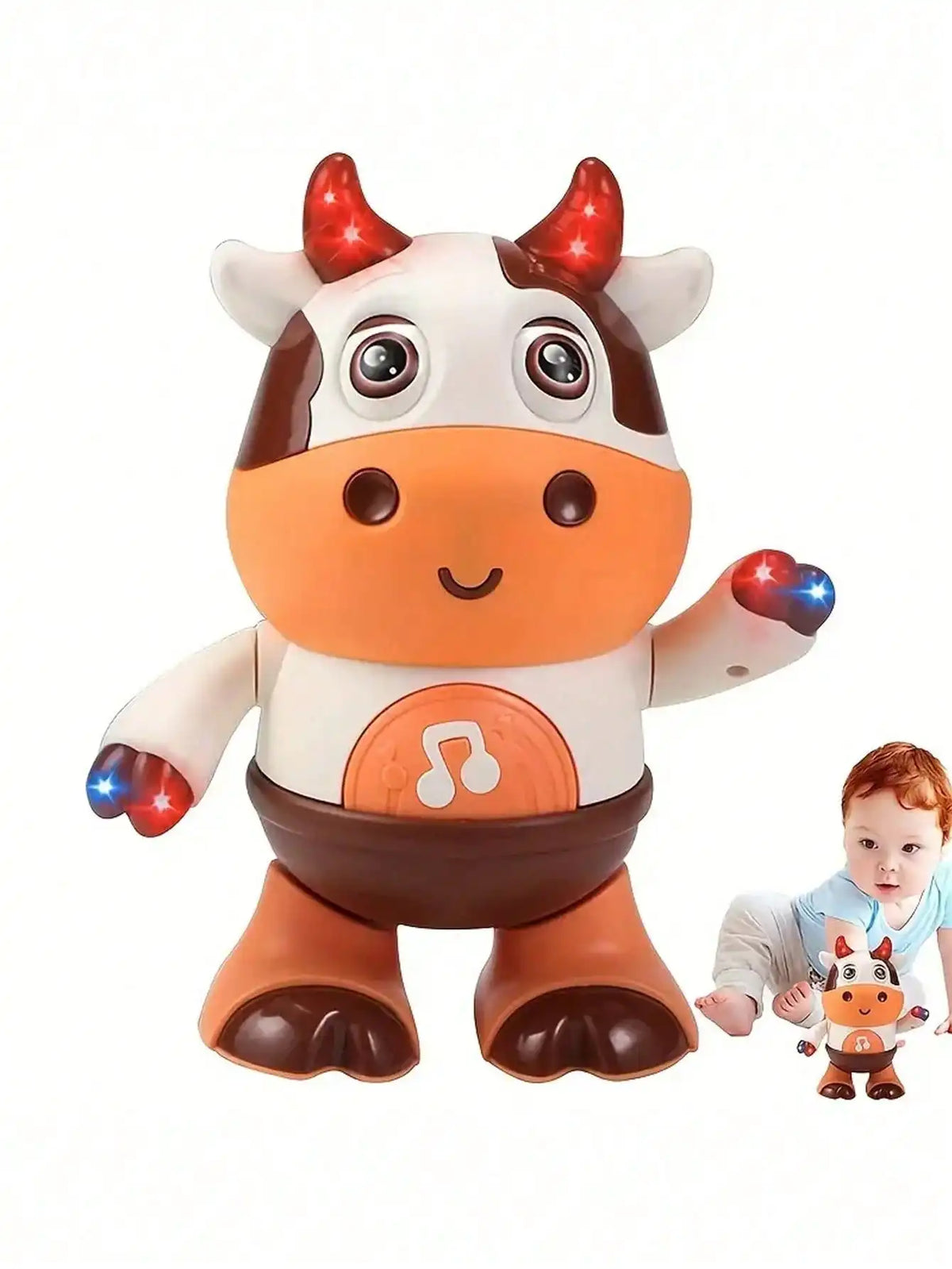 An interactive musical dancing cow plush toy with lights, featuring a white and brown body and horns.