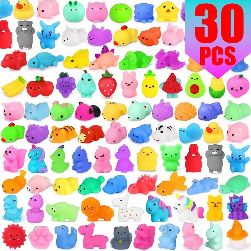 A collection of colorful squishy fidget toys and sensory stress relief items in various shapes and colors.