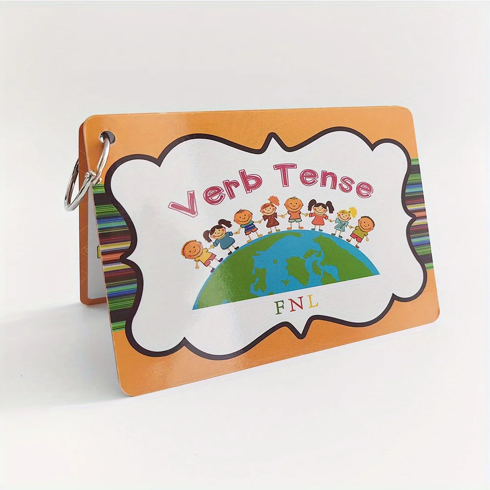 An orange flashcard with a scalloped white border featuring colorful illustrations of children and the text Verb Tense